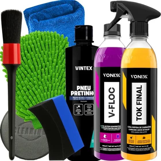 Kit Estética Automotiva Cera Tok Final Produto para Lavar Moto Carro V-Floc Pneu Pretinho Luva Toalha Aplicador