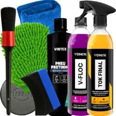Kit Estética Automotiva Cera Tok Final Produto para Lavar Moto Carro V-Floc Pneu Pretinho Luva Toalha Aplicador
