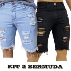 kit 2 Bermuda Premium  Jeans Rasgada Masculina Lisa Lycra