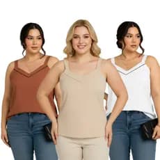 Kit 3 Blusas Regatas em Crepe Decote V Plus size - Não Amassa, Super Prático e Elegante