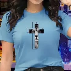 Camiseta Feminina 100% Algodao Estampa Cruz cristã Look Azul Bebê Premium