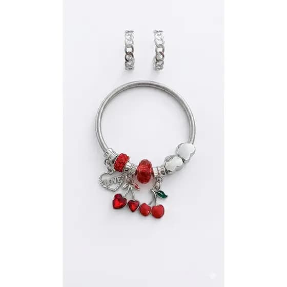 Kit Pulseira Berloques Cereja + Brinco Argola Corrente Prata - Envio Imediato