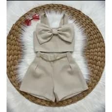 Conjunto Alfaiataria Infantil Menina Cropped com Laço + Short, Conjunto 2 peças Menina, Short com corrente e Cropped.