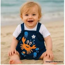 Moda praia bebê menino, Jardineira bebê menino, Conjunto 2 peças, Conjunto Calor infantil menino, Veste 03 a 06 meses