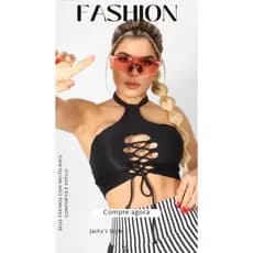 Cropped Top Poliamida Fitness Costa Nua Decote Transpassado com Amarração Academia