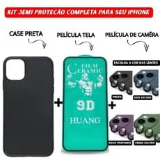 Kit 3em1 Capa Preta + Película Cerâmica + Película Câmera Colorida iPhone 11 12 13 14 15 16 Pro Max - CS