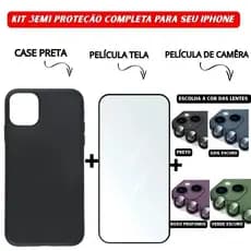 Kit 3em1 Capa Preta + Película Vidro 3D + Película Câmera Colorida iPhone 11 12 13 14 15 16 Pro Max - CS