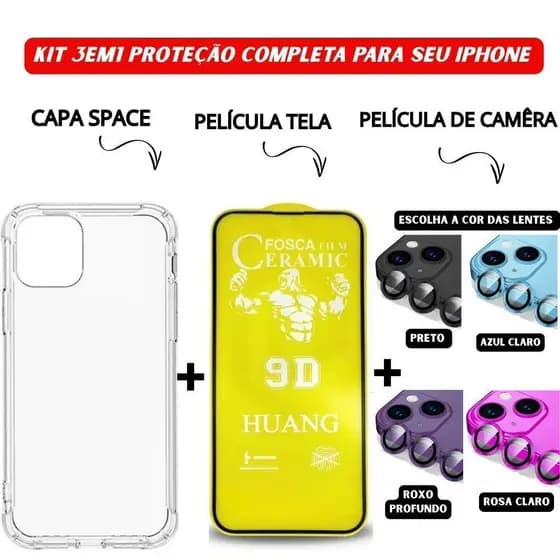 Kit 3em1 Capa Space + Película Cerâmica Fosca + Película Câmera Colorida iPhone 11 12 13 14 15 16 Pro Max - CS