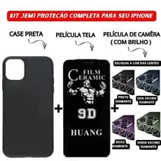 Kit 3em1 Capa Preta + Película Cerâmica Privacidade + Película Câmera Diamante iPhone 11 12 13 14 15 16 Pro Max - CS