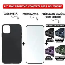 Kit 3em1 Capa Preta + Película Vidro 3D + Película Câmera Diamante iPhone 11 12 13 14 15 16 Pro Max - CS