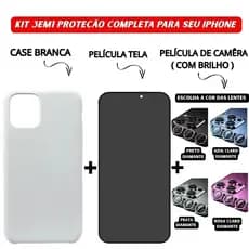 Kit 3em1 Capa Branca + Película Vidro 3D Privacidade + Película Câmera Diamante iPhone 11 12 13 14 15 16 Pro Max - CS