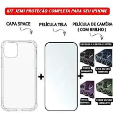 Kit 3em1 Capa Space + Película Vidro 3D + Película Câmera Diamante iPhone 11 12 13 14 15 16 Pro Max - CS