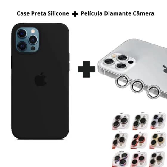 Kit Capa Silicone Preta Aveludada + Película Câmera Diamante iPhone 11 12 13 14 15 16 Pro Max - CS
