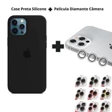 Kit Capa Silicone Preta Aveludada + Película Câmera Diamante iPhone 11 12 13 14 15 16 Pro - CS