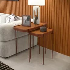 Mesa Lateral Melin Cor Nature Com Pés Metal Cobre E Bordas Revestidas Em Couro Sintético Decoração