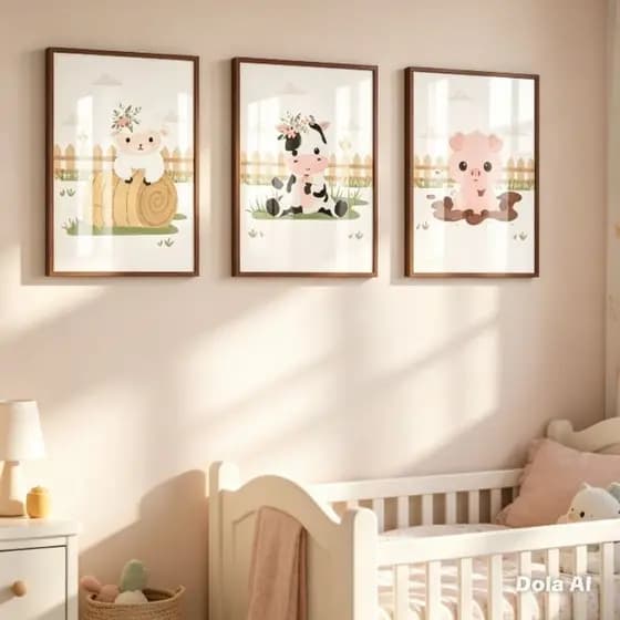 Quadro Moldura Vidro Kit Três Peças Fazendinha Baby Porquinho Vaquinha Ovelha Quarto Infantil Bebê