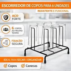 Porta Copos  6 Lugares Suporte Para Secar Copos Organizador De Pia Cozinha Aço Resistente