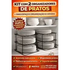 Kit 2 Organizadores de Pratos para Armário – Suporte Duplo Empilhável Porta Louças Cozinha Economia de Espaço