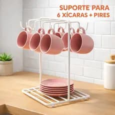 Suporte para 6 Xícaras com Pires Organizador de Café Bancada Porta Xícaras Cozinha