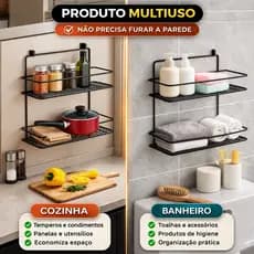 Suporte Organizador Duplo Multiuso sem Furo- Prateira Banheiro Cozinha com Gancho Adesivo Forte