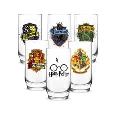 Jogo 6 Copos Vidro Temático Casas Harry Potter Hogwarts 300ml Decorativo Geek Resistente Água Suco
