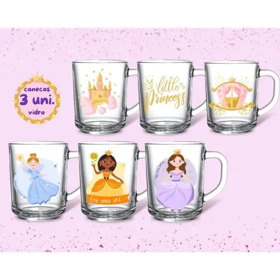 Kit 3 Canecas de Vidro Grosso 255ml Personalizada Coleção Princesas Acabamento Verniz Arte Pronta