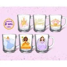 Kit 3 Canecas de Vidro Grosso 255ml Personalizada Coleção Princesas Acabamento Verniz Arte Pronta