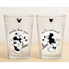 Jogo 2 Copos Americanos Estampa Mickey Minnie Love Metadinha Personalizado 190ml Vidro Alto Relevo