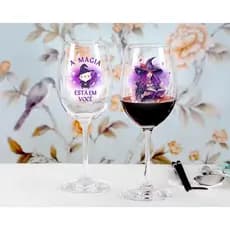 Kit 2 Taças Vinho Vidro 465ml Estampada Bruxa Magic Gato Humor Mitologia Tarot Presente Criativo