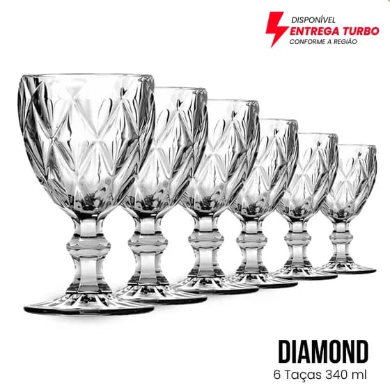 Jogo 6 Taças Em Vidro Diamond Transparente Água Vinho Drink Kit Sobremesa