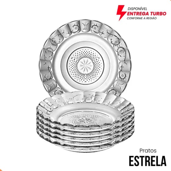 Jogo 12 Pratos Fundos de Vidro Estrela 21,5cm Mesa Posta Prato Fundo Elegante