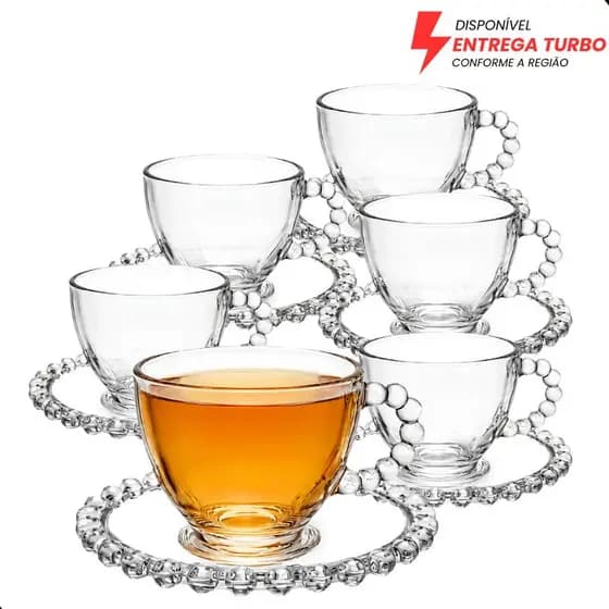 Jogo Xícara de Vidro 220ml com Pires 6 Xícaras Café Elegante Bolinhas Pérola