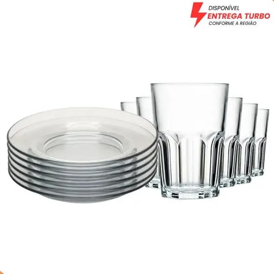 Aparelho de Jantar 12 Peças - 6 Pratos e 6 Copos 350ml Ideal para Almoço e Jantar