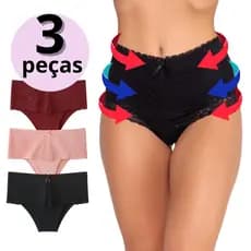 Kit 3 Calcinha Pós Parto Cintura Alta Modeladora com Renda Forrada em Cotton