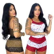 Kit 2 Short Doll Feminino Pijama Baby Doll Sensual em Renda Microfibra