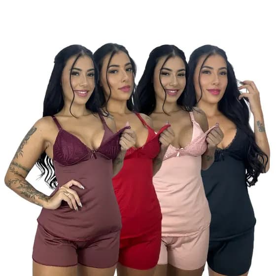 Kit 4 Baby Doll Amamentação Short Dool Maternidade Pós Parto