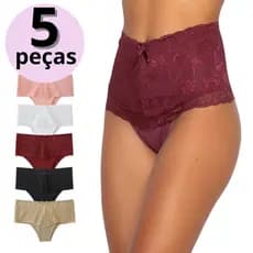 Kit 5 Calcinha Pós Parto Cintura Alta Modeladora com Renda Forrada em Cotton Segura Barriga