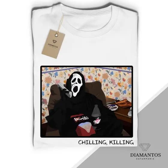 Camiseta Panico  Chilling, Killing Unissex E Baby Look Malha Com Elastano