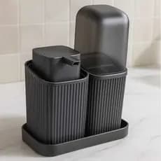 Kit Banheiro Com 2 Pecas Porta Sabonete Liquido Com Bandeja Dispenser e Porta Escovas Decoração  Moderno Higienico