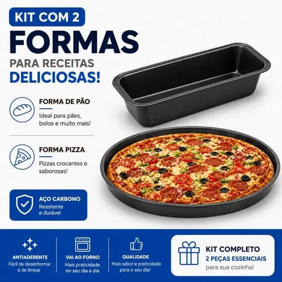 kit 2 Pecas Forma Assadeira Para Pão Não Gruda Antiaderente + Forma Para Pizza Assadeira Pizza