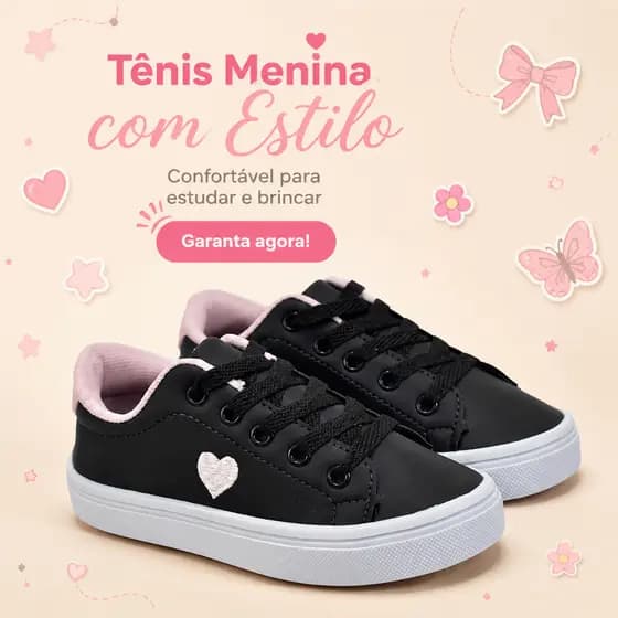Tênis Menina Casual Coração | Modelo Básico e Fofo Para Estudar e Brincar Com Estilo | COMPRE JÁ!