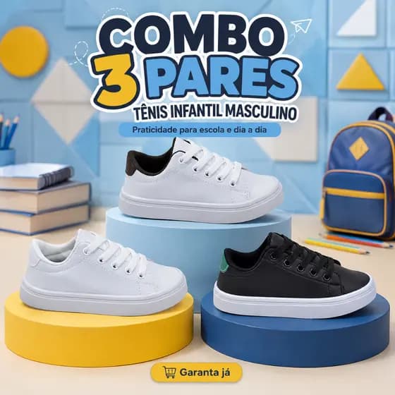 COMBO 3 Tenis Básico De Menino | Modelo Casual Com Praticidade e Conforto | GARANTA JÁ!