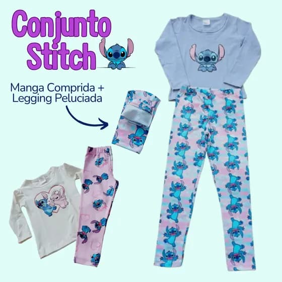 Conjunto Infantil STITCH Menina, meia estação Camiseta manga longa Cotton e Legging Peluciada