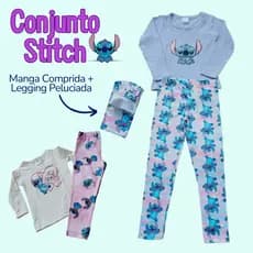 Conjunto Infantil STITCH Menina, meia estação Camiseta manga longa Cotton e Legging Peluciada