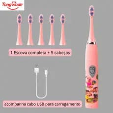 Escova de Dente Elétrica Infantil RECARREGÁVEL, Sônica com cabo USB, com 5 refis substituíveis