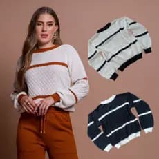 Blusa de TRICOT Feminina Listrada, Fio Grosso Outono/Inverno, Mulher Moderna Minimalista e elegante