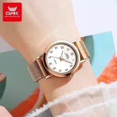 Relógio Feminino OPK 8115 Dourado/Rose à prova d'água, pulseira de malha de aço inoxidável