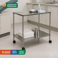 Carrinho Mesa Auxiliar Inox Rodizio 40x60x80 2 Prateleira Estética Clínica Barbearia Odontologia