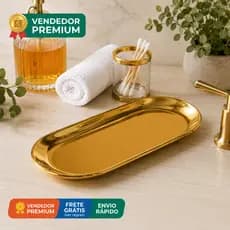Kit Bandeja Oval Dourada Espelhada Aço Inox Banheiro Lavabo Cozinha Decoração Luxo Petisco Entrada