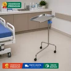 Mesa Mayo Hospitalar Inox Ajustável com Rodízios Bandeja Clínica Dentista Veterinária Profissional